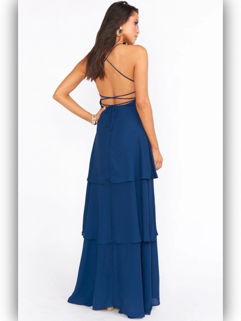 NWT Show Me Your Mumu Calypso Ruffle Tiered Dress M Medium Navy Blue Open Back